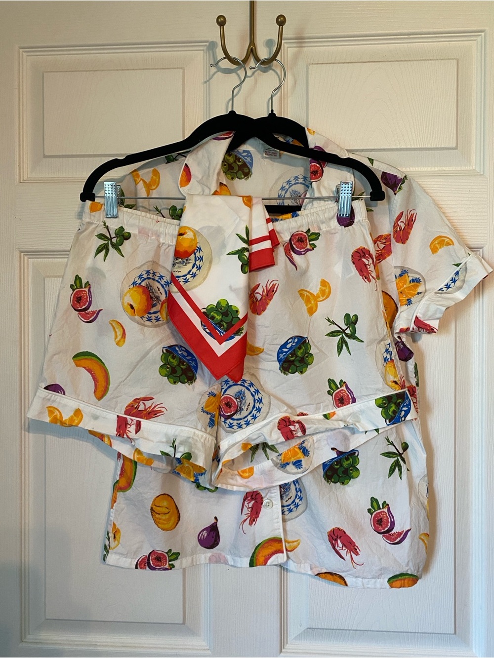 J. Crew White Fruit Olive Print Cotton Pajama Set with Scarf